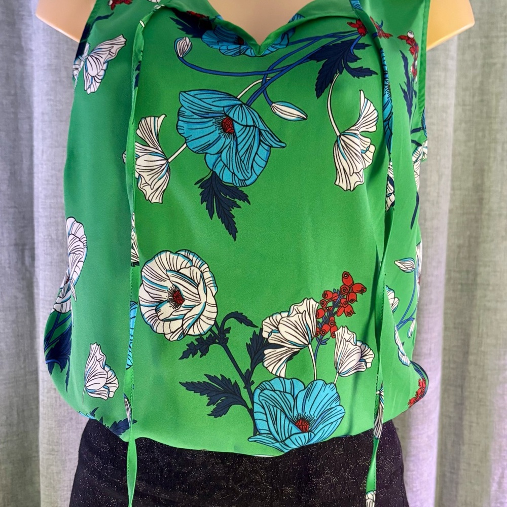 CAbi Green Floral Blouse with Blue and White Accents